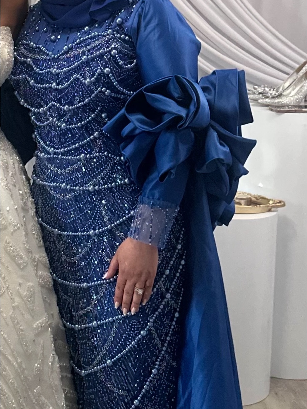 Elegant Beaded Royal Blue Evening Dress with Statement Sleeve